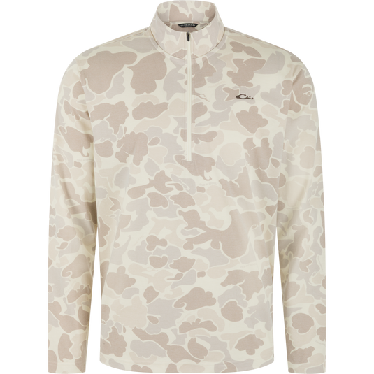 Tri-Blend Over Under Quarter Zip in a light tan camouflage print.