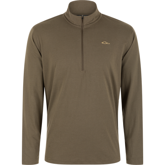 Crocodile brown Tri-Blend Over Under Quarter Zip, a long-sleeve performance pullover in a lightweight, breathable fabric with a small tan logo on the left chest.