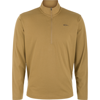 Lightweight, field khaki Tri-Blend Over Under Quarter Zip long-sleeve pullover with a small logo on the left chest.