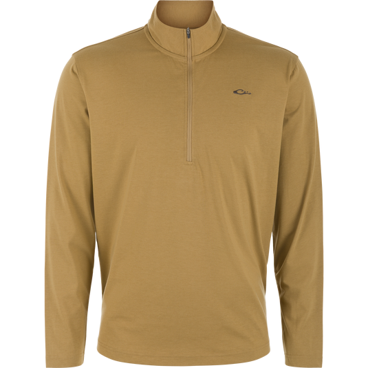 Lightweight, field khaki Tri-Blend Over Under Quarter Zip long-sleeve pullover with a small logo on the left chest.