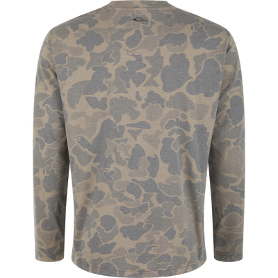 Back view of the Tri-Blend Henley Over Under in a tan and gray camouflage pattern.