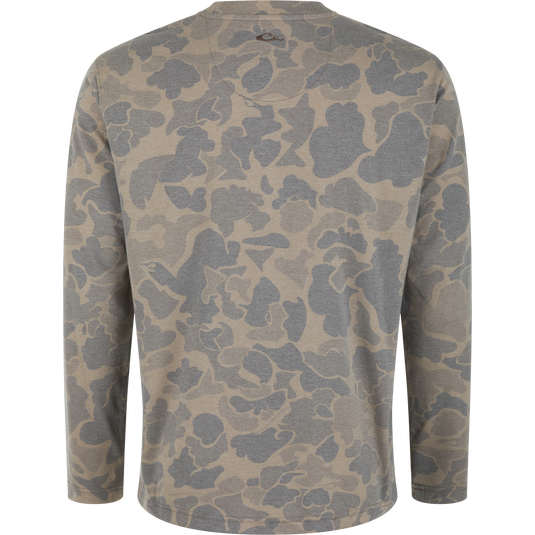 Back view of the Tri-Blend Henley Over Under in a tan and gray camouflage pattern.