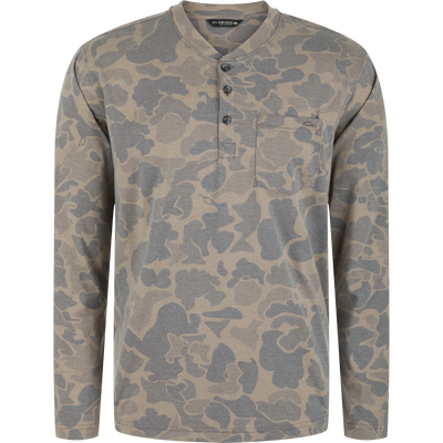 Tri-Blend Henley Over Under in Old School Sport, a lightweight, quick-drying long-sleeve henley shirt in a camouflage print with a three-button placket and a chest pocket.
