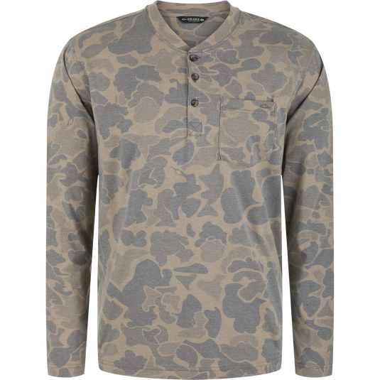 Tri-Blend Henley Over Under in Old School Sport, a lightweight, quick-drying long-sleeve henley shirt in a camouflage print with a three-button placket and a chest pocket.