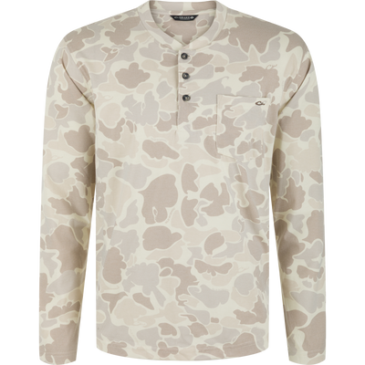 Lifestyle Tri-Blend Henley Over Under long-sleeve shirt in an Old School Sand camouflage print, featuring a three-button placket and a chest pocket.