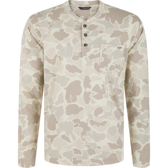 Lifestyle Tri-Blend Henley Over Under long-sleeve shirt in an Old School Sand camouflage print, featuring a three-button placket and a chest pocket.