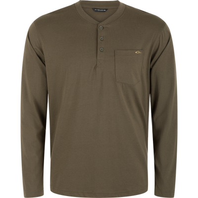 Crocodile brown lightweight, long-sleeve Tri-Blend Henley Over Under shirt with a buttoned placket and a single chest pocket.