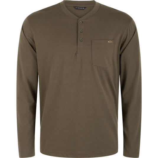 Crocodile brown lightweight, long-sleeve Tri-Blend Henley Over Under shirt with a buttoned placket and a single chest pocket.