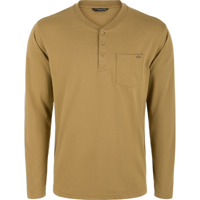 Lightweight, long-sleeve field khaki Tri-Blend Henley Over Under shirt with a three-button placket and a single chest pocket.