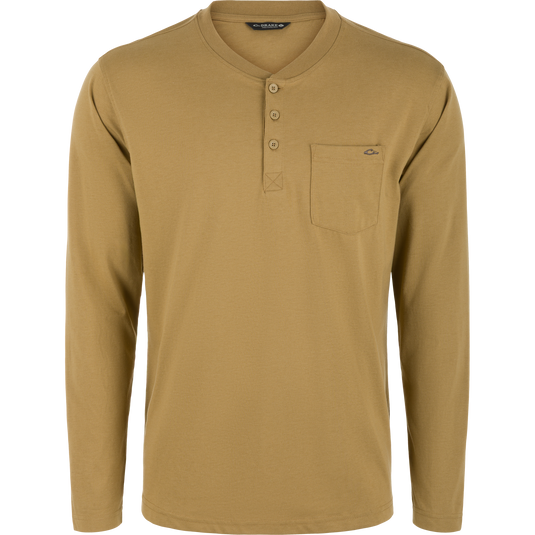 Lightweight, long-sleeve field khaki Tri-Blend Henley Over Under shirt with a three-button placket and a single chest pocket.