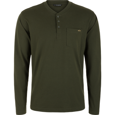 Lightweight Forest Night Tri-Blend Henley Over Under long-sleeve shirt with a buttoned placket and a single chest pocket.