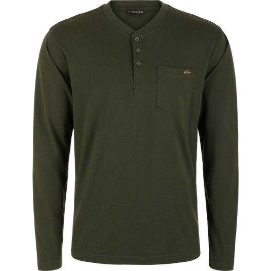 Lightweight Forest Night Tri-Blend Henley Over Under long-sleeve shirt with a buttoned placket and a single chest pocket.