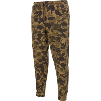 Lifestyle Three End Cargo Sweat Pant in a brown and green camouflage pattern, featuring an elastic drawstring waistband and ribbed cuffs.