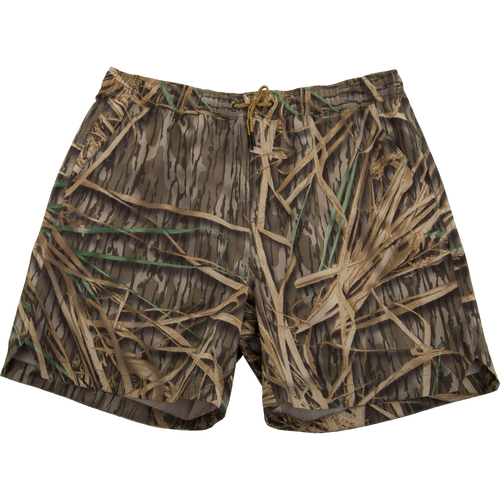 Lake Shore Dock Short with camo grass print, elastic waistband, drawstring, mesh-lined pockets, and water-repellent finish for outdoor comfort and utility.