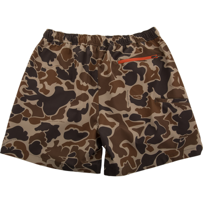 Americana Lake Shore Dock Short featuring a camo print, elastic waistband, rear zippered pocket, and breathable fabric, perfect for outdoor and water activities.