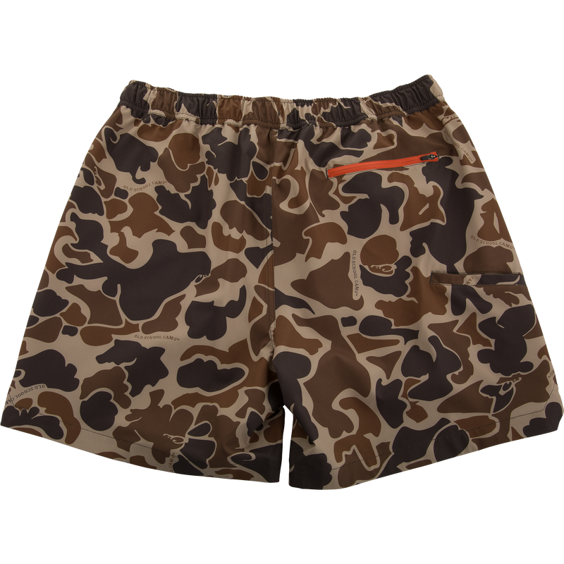 Americana Lake Shore Dock Short featuring a camo print, elastic waistband, rear zippered pocket, and breathable fabric, perfect for outdoor and water activities.