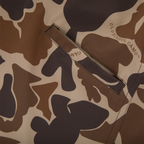 Close-up of Americana Lake Shore Dock Short featuring “OLDSCHOOL CAMO™” print with welt pocket, showcasing lightweight, stretch fabric ideal for outdoor water activities.