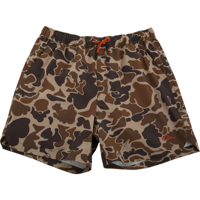 Men’s Americana Lake Shore Dock Short, camo-print, with elastic waistband, orange drawstring, and pockets; ideal for water activities, featuring lightweight, stretch fabric, and water-repellent finish.