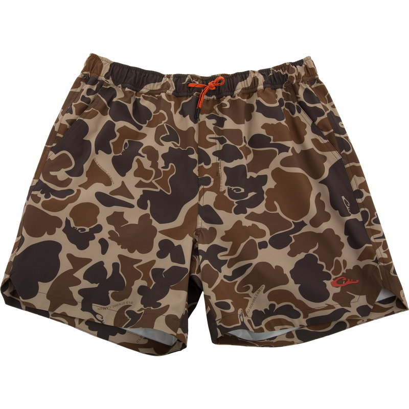 Men’s Americana Lake Shore Dock Short, camo-print, with elastic waistband, orange drawstring, and pockets; ideal for water activities, featuring lightweight, stretch fabric, and water-repellent finish.