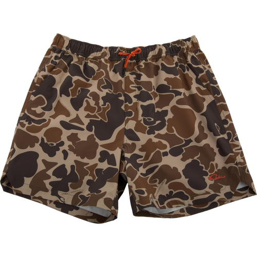 Men’s Americana Lake Shore Dock Short, camo-print, with elastic waistband, orange drawstring, and pockets; ideal for water activities, featuring lightweight, stretch fabric, and water-repellent finish.