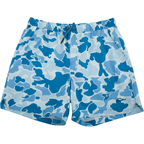 Lake Shore Dock Short with blue camo print, elastic waistband, drawcord, side pockets, and logo detail, designed for comfort and movement in water activities.