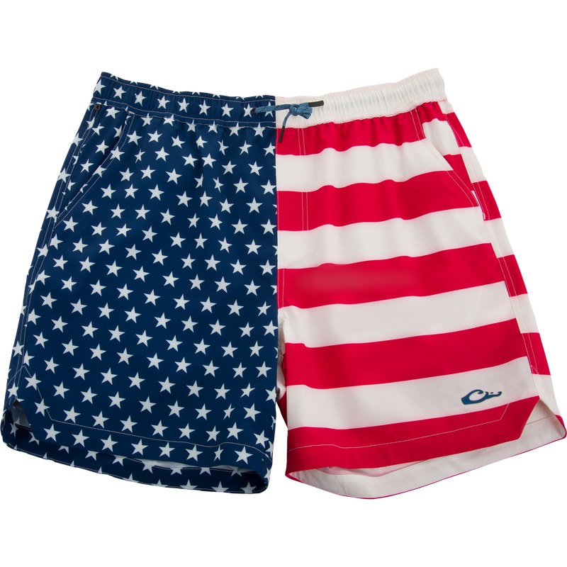Americana Lake Shore Dock Short features U.S. flag design, breathable stretch fabric, water-repellent finish, elastic waistband, and practical pockets for outdoor water activities.