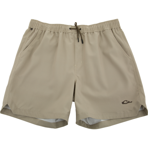 Lake Shore Dock Short with elastic waistband, drawstring, angled pockets, and a small logo, designed for comfort and movement with water-repellent fabric.