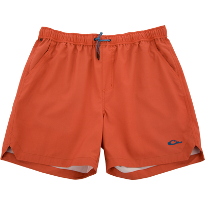 Lake Shore Dock Short with elastic waistband, drawstring, side pockets, and logo, designed for comfort and movement with water-repellent fabric.