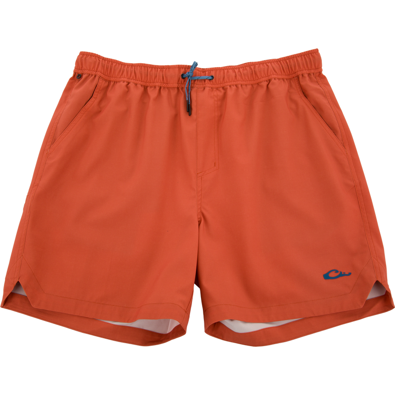 Lake Shore Dock Short with elastic waistband, drawstring, side pockets, and logo, designed for comfort and movement with water-repellent fabric.