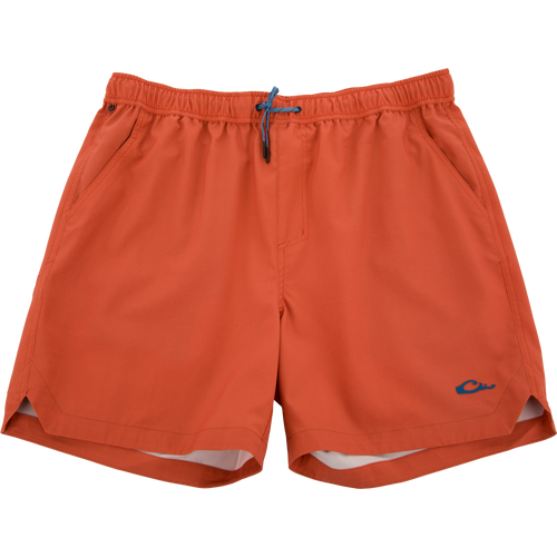 Lake Shore Dock Short with elastic waistband, drawstring, side pockets, and logo, designed for comfort and movement with water-repellent fabric.