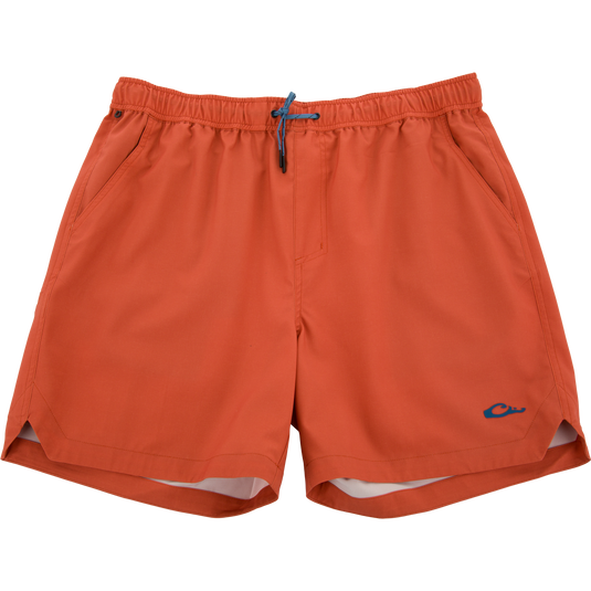 Lake Shore Dock Short with elastic waistband, drawstring, side pockets, and logo, designed for comfort and movement with water-repellent fabric.