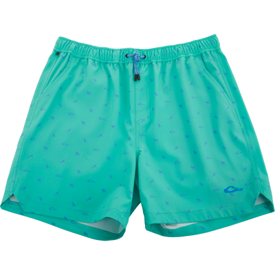 Lake Shore Dock Short in turquoise with blue motifs, featuring elastic waistband, drawcord, side pockets, and a water-repellent finish for comfort and functionality.