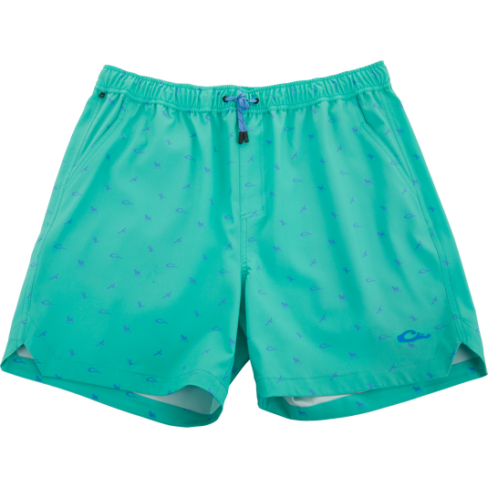Lake Shore Dock Short in turquoise with blue motifs, featuring elastic waistband, drawcord, side pockets, and a water-repellent finish for comfort and functionality.