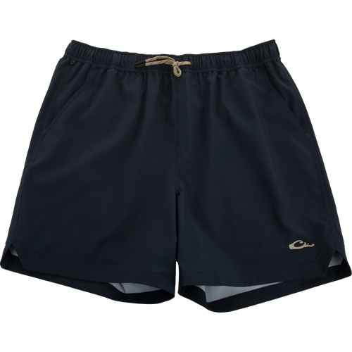 Lake Shore Dock Short with elastic waistband, drawstring, side pockets, and logo on hem, designed for lightweight comfort and water resistance.