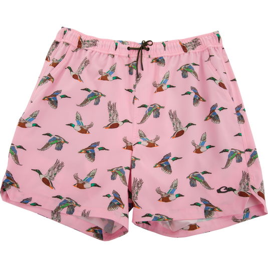 Lake Shore Dock Short with flying duck print, elastic drawstring waistband, mesh-lined and zippered pockets, designed for comfort and movement during water activities.