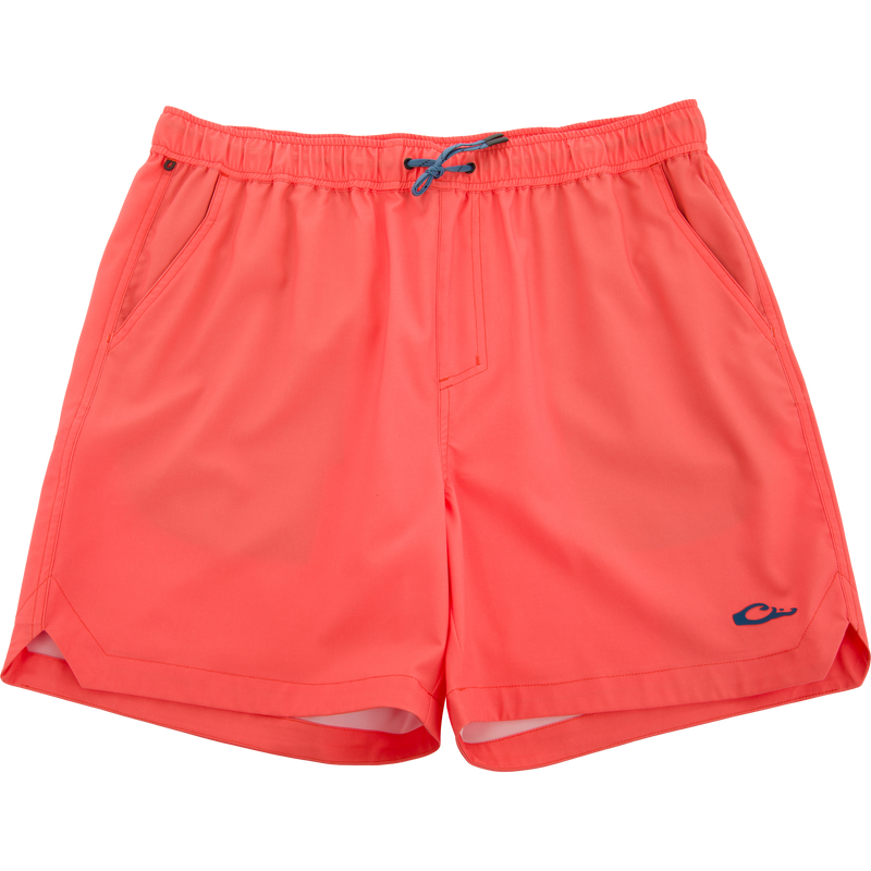 Lake Shore Dock Short with elastic waistband, drawstring, mesh-lined pockets, and logo. Ideal for water activities with durable, stretchy fabric and water-repellent finish.