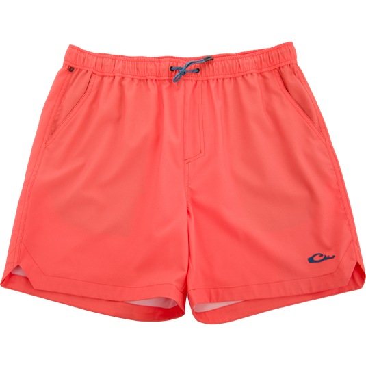 Lake Shore Dock Short with elastic waistband, drawstring, mesh-lined pockets, and logo. Ideal for water activities with durable, stretchy fabric and water-repellent finish.