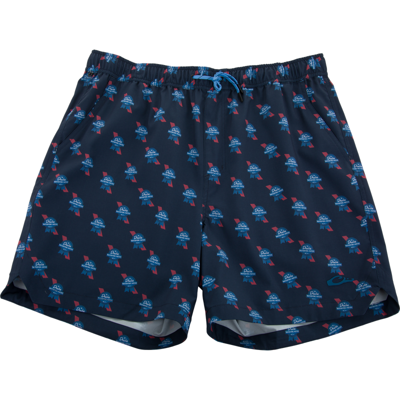 Lake Shore Dock Short featuring a navy design with Drake Waterfowl Nation motif, elastic waistband, drawcord, side pockets, and a small logo near the hem.