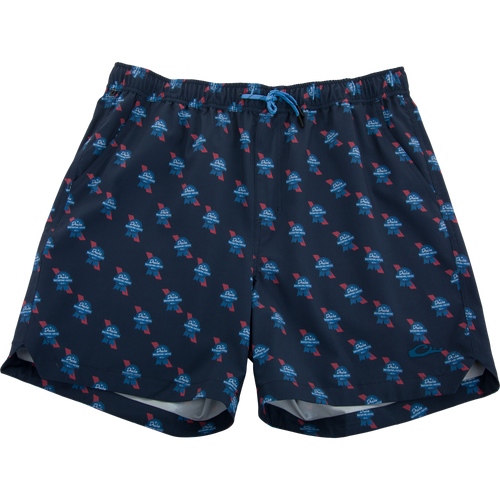 Lake Shore Dock Short featuring a navy design with Drake Waterfowl Nation motif, elastic waistband, drawcord, side pockets, and a small logo near the hem.