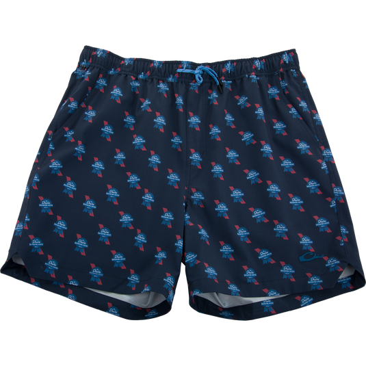 Lake Shore Dock Short featuring a navy design with Drake Waterfowl Nation motif, elastic waistband, drawcord, side pockets, and a small logo near the hem.
