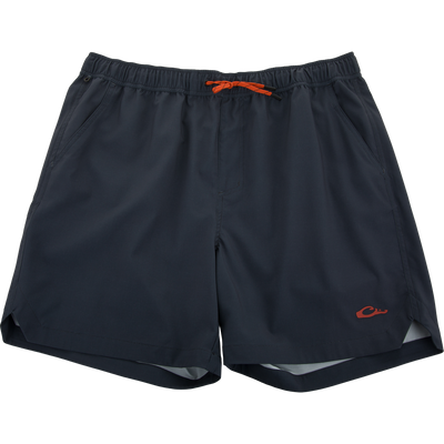 Lake Shore Dock Short, navy blue with an orange draw-cord, features breathable fabric, elastic waistband, mesh-lined pockets, and water-repellent finish for outdoor comfort.
