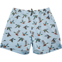 Lake Shore Dock Short with flying mallard print, elastic waistband, drawstring, and pockets; ideal for water activities with DWR finish and stretch fabric.