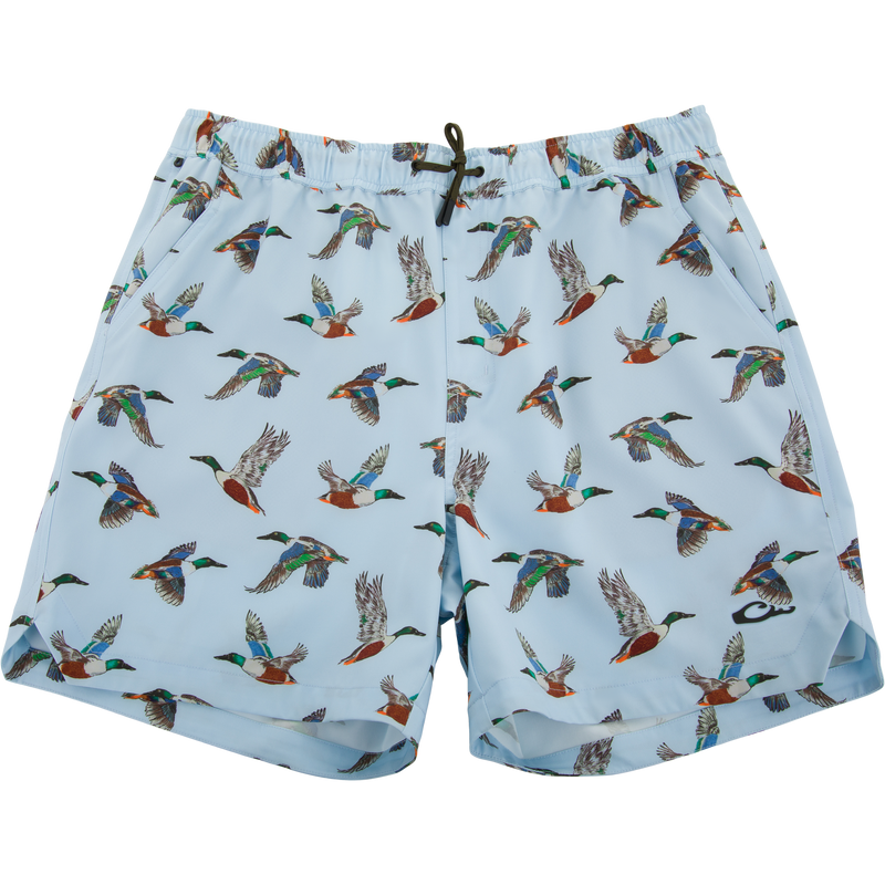 Lake Shore Dock Short with flying mallard print, elastic waistband, drawstring, and pockets; ideal for water activities with DWR finish and stretch fabric.