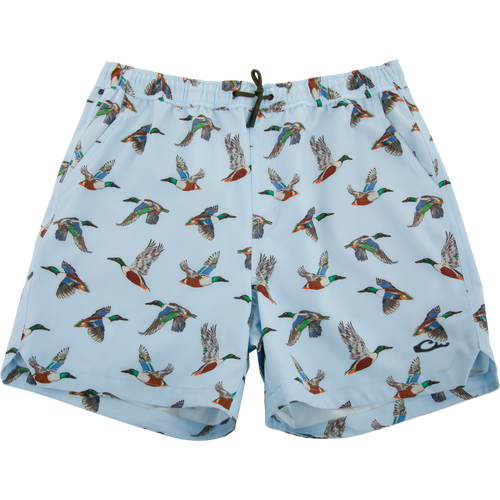 Lake Shore Dock Short with flying mallard print, elastic waistband, drawstring, and pockets; ideal for water activities with DWR finish and stretch fabric.
