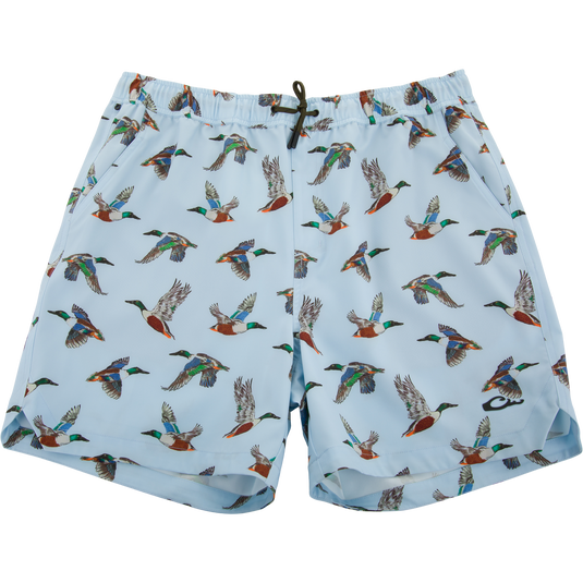 Lake Shore Dock Short with flying mallard print, elastic waistband, drawstring, and pockets; ideal for water activities with DWR finish and stretch fabric.