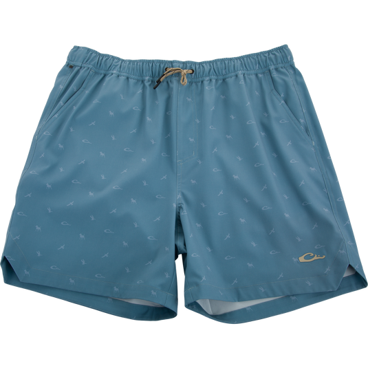 Lake Shore Dock Short with elastic waistband, drawstring, and tiny motifs. Features mesh-lined pockets, zippered side pocket, and water-repellent fabric for versatile outdoor use.