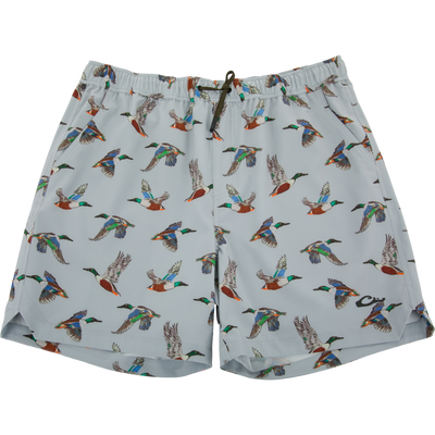 Lake Shore Dock Short with flying mallard print, elastic waistband, drawstring, and pockets, designed for breathable comfort and water resistance in outdoor activities.