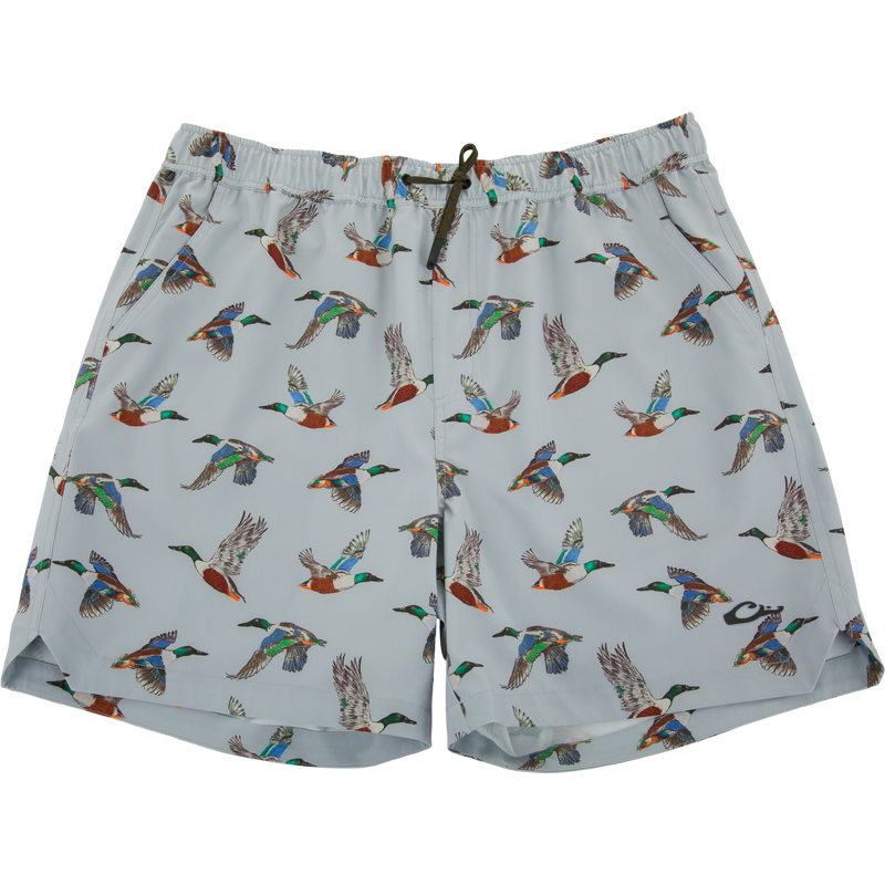 Lake Shore Dock Short with flying mallard print, elastic waistband, drawstring, and pockets, designed for breathable comfort and water resistance in outdoor activities.