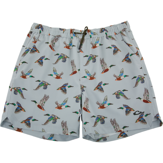 Lake Shore Dock Short with flying mallard print, elastic waistband, drawstring, and pockets, designed for breathable comfort and water resistance in outdoor activities.