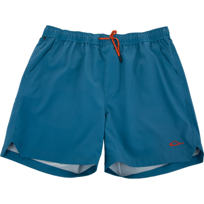 Lake Shore Dock Short with elastic waistband, orange drawstring, side pockets, and DWR finish, ideal for water activities and outdoor comfort.